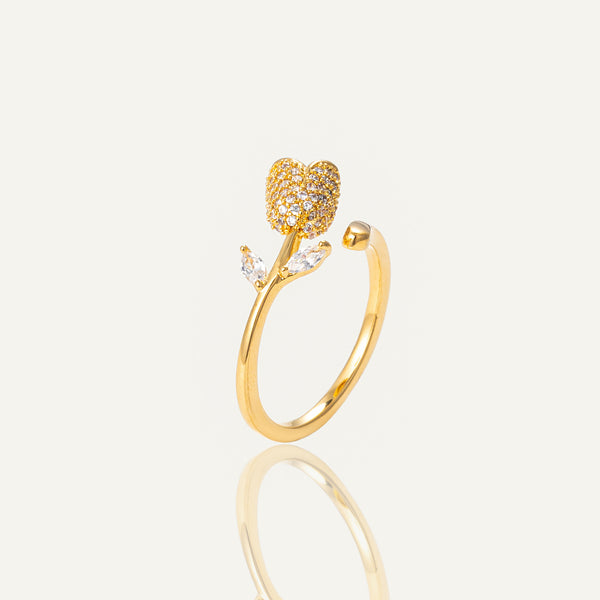 Gold-Plated Floral Adjustable Ring with Crystals