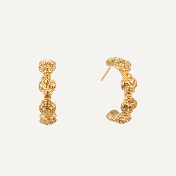 18K Gold Plated Floral Hoop Earrings – Rose Sculpted Statement Jewelry