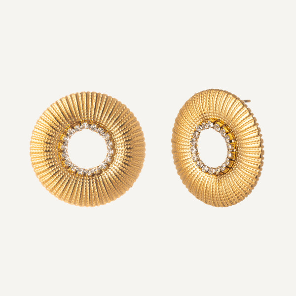 18k Gold-Plated Hollow Round Stud Earrings with Diamond