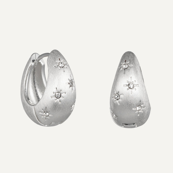 Silver Teardrop Huggie Earrings with Brushed Finish and Star-Set Crystals