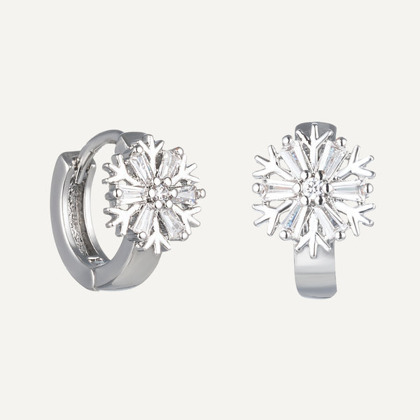 Christmas Diamond-Style Snowflake Hoop Earrings – Platinum-Plated, Perfect Gift