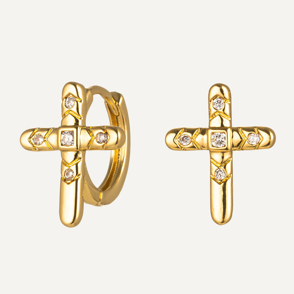 16K Gold-Plated Cross Huggie Earrings – Crystal Dangle Hoops, Minimalist Design