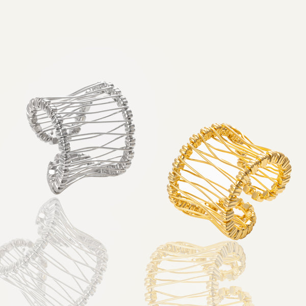 Sculptural Wireframe Adjustable Cuff Rings – Gold & Silver