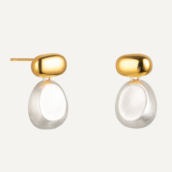 Dual-Tone Gold and Silver Sculptural Charm Earrings – Brushed and Polished Finish