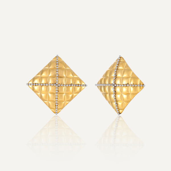 18k Gold-Plated Quilted Diamond-Style Square Stud Earrings cross pattern