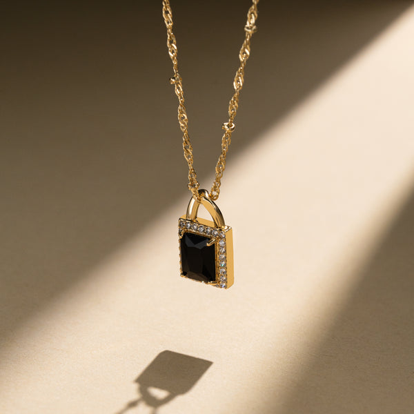 Gold-Plated Lock Pendant Necklace with Black Stone