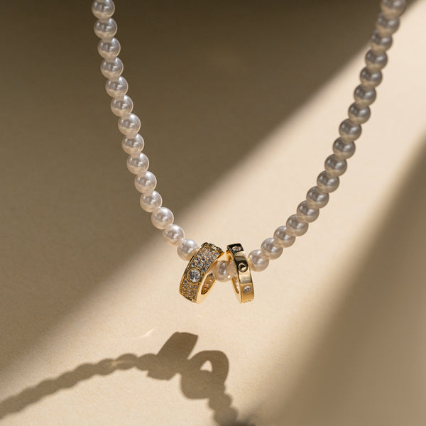 18K Gold-Plated Pearl Necklace with Stacked Ring Pendants